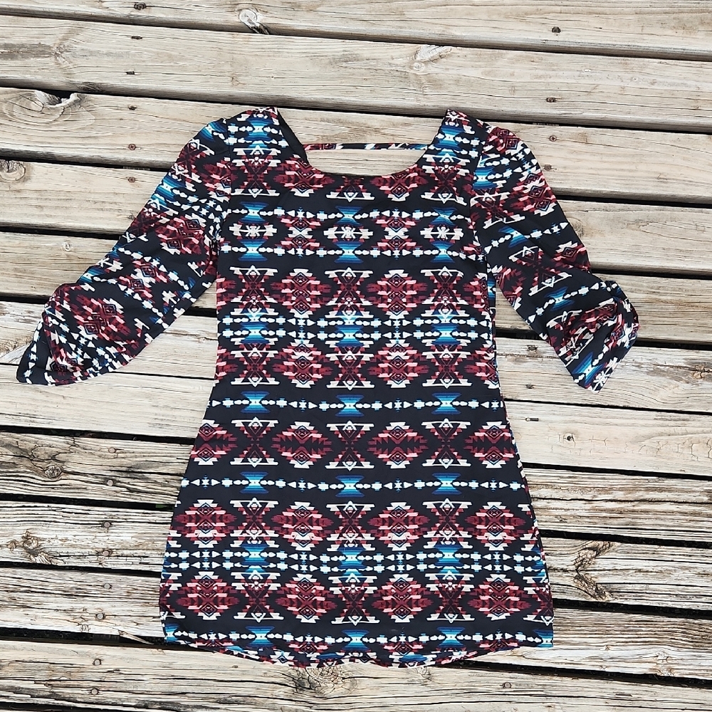 Speechless Aztec Western 3/4 Sleeve Dress XS Lined Black Blue Maroon